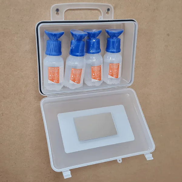 Eye Wash Station 03 Clear Wall Mountable Plastic Box with 4 100ml eye wash ready to use bottles and mirror