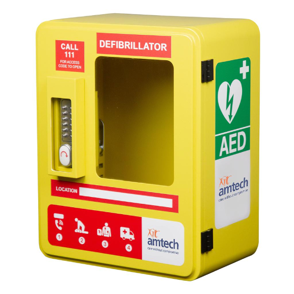 Amtech Defibrillator Cabinet Outdoor Lockable Alarmed with Pin Lock Yellow Labelled