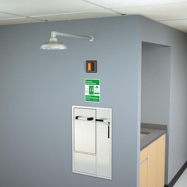 Recessed Safety Station With Drain Pan, Wall Mounted Exposed Shower Head