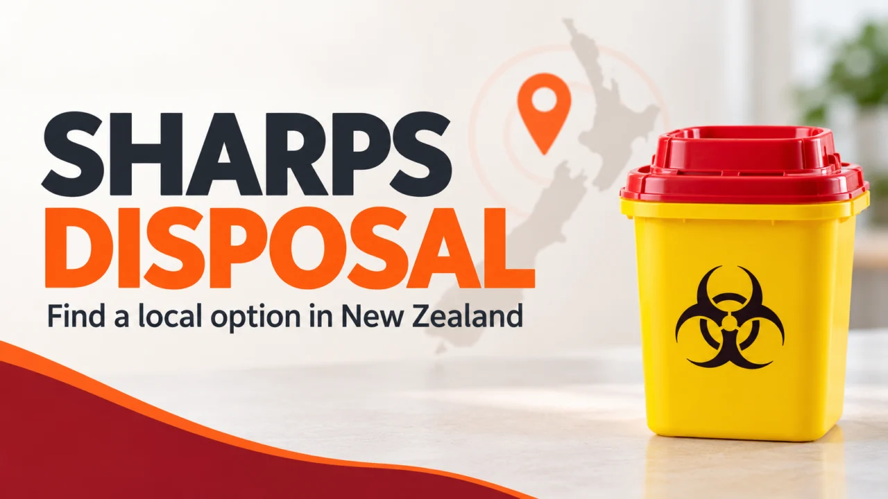 Sharps disposal: find a local option in New Zealand, with a yellow sharps container and location marker.